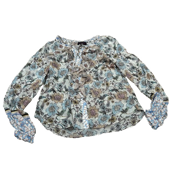 Hale Bob Womens Blouse Sheer Ruffle Front Button Up Long Sleeve Floral Size S - Picture 1 of 9